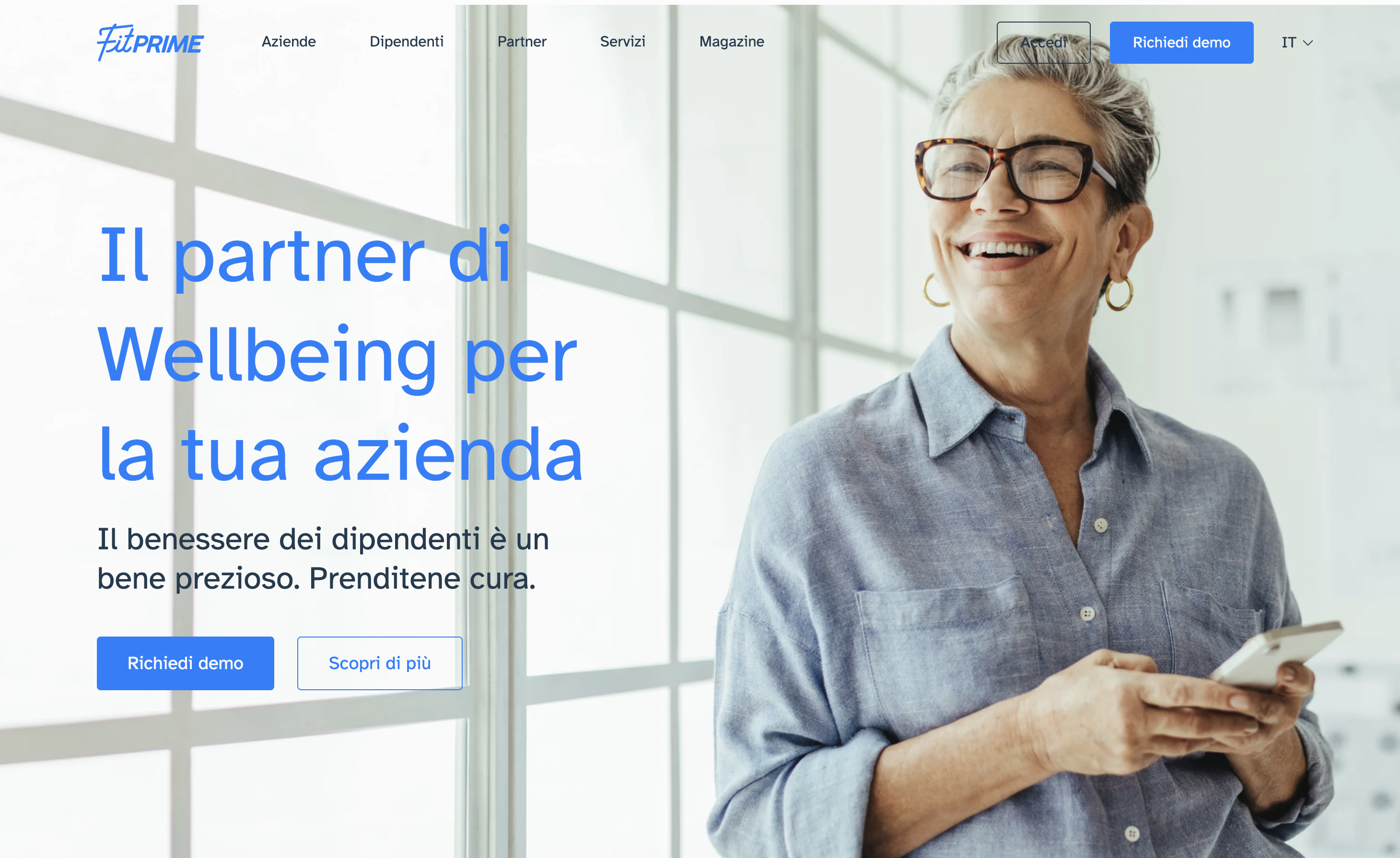 Screenshot della homepage di Fitprime, piattaforma di wellbeing destinata ad aziende e i loro dipendenti