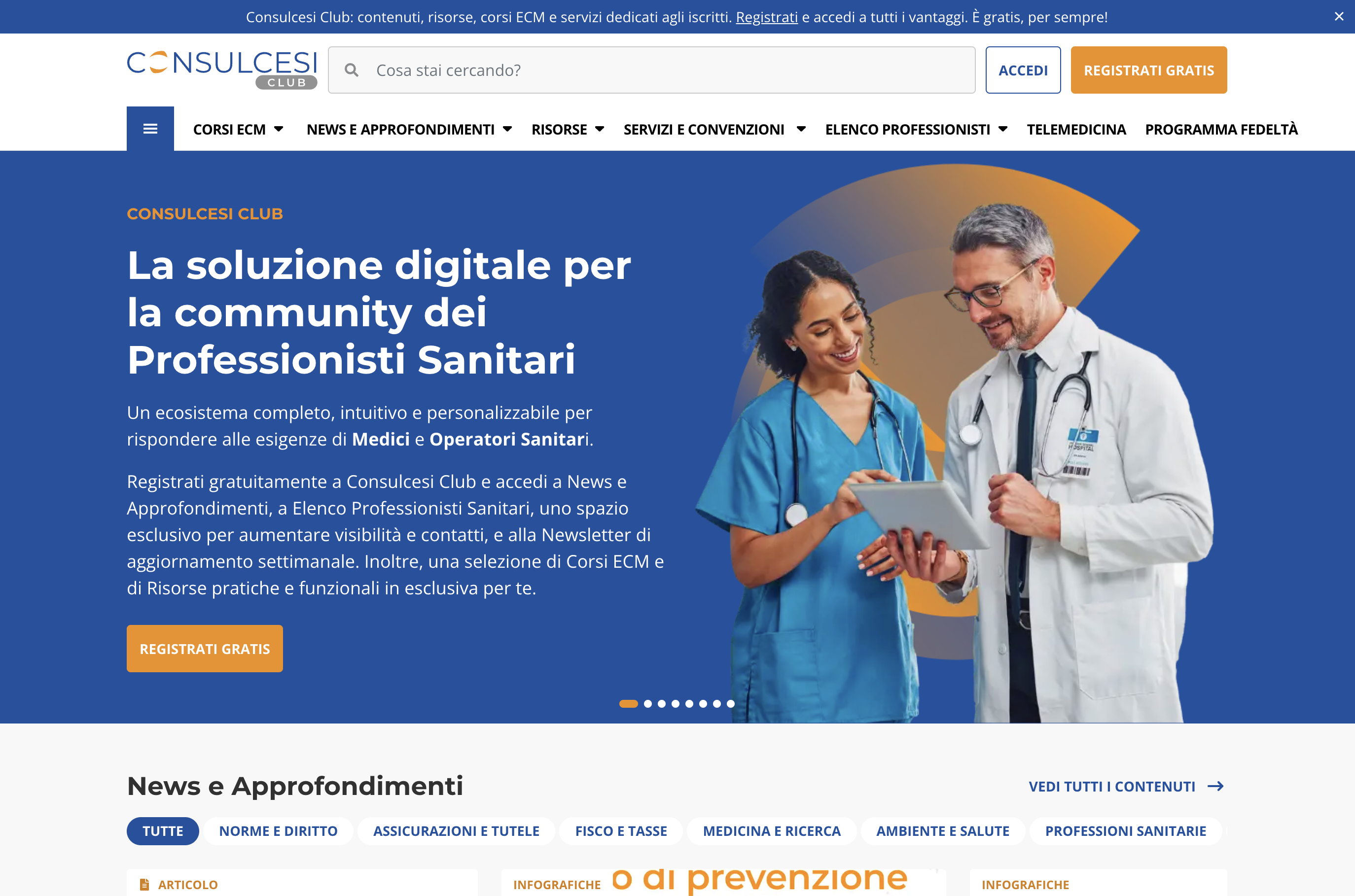 Screenshot del sito web di Consulcesi Club, piattaforma destinata a medici e altre professioni sanitarie