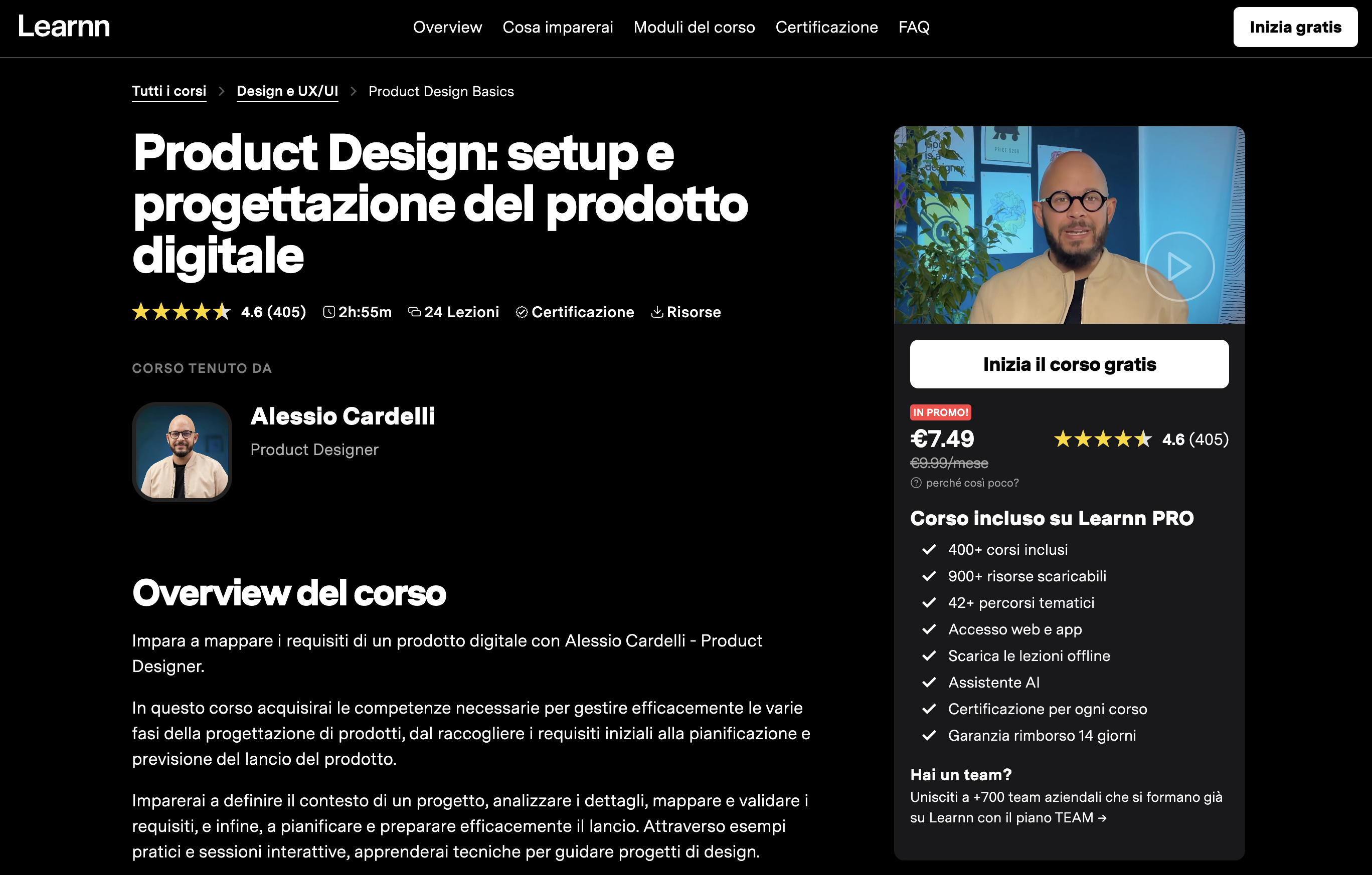 Screenshot del sito web di Learnn con il corso Product Design Basics di Alessio Cardelli