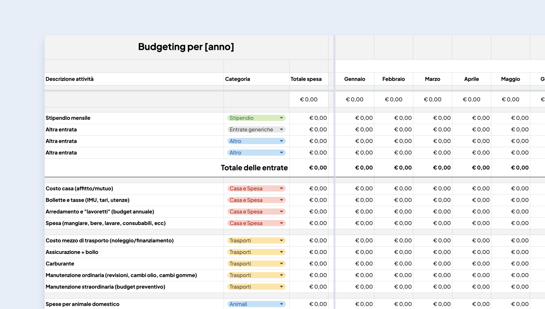 Screenshot del file G-sheet da duplicare e riempire