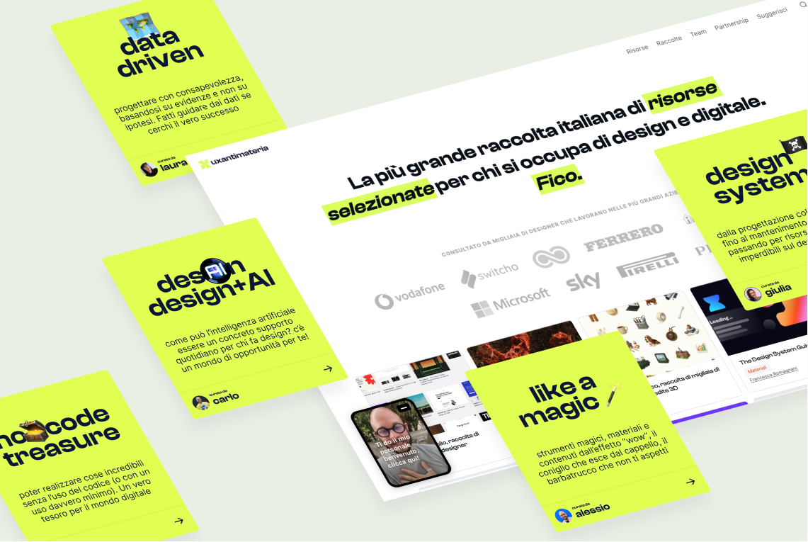 Immagine di UX Antimateria, alcuni screenshot del prodotto con delle card di colore lime che mostrano parti del sito web