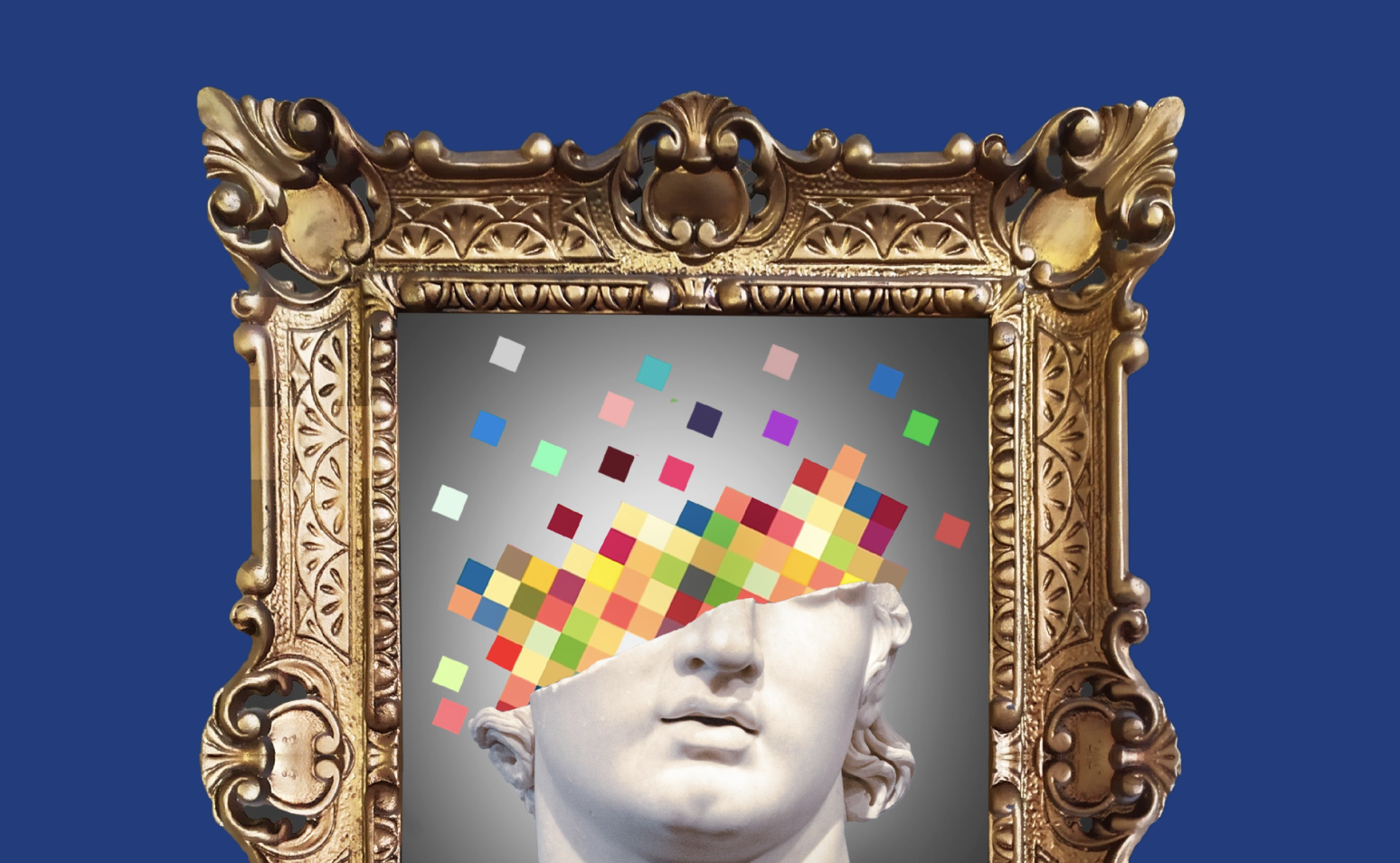Immagine evocativa di un quadro di una statua che diventa pixel colorati in una cornice barocca