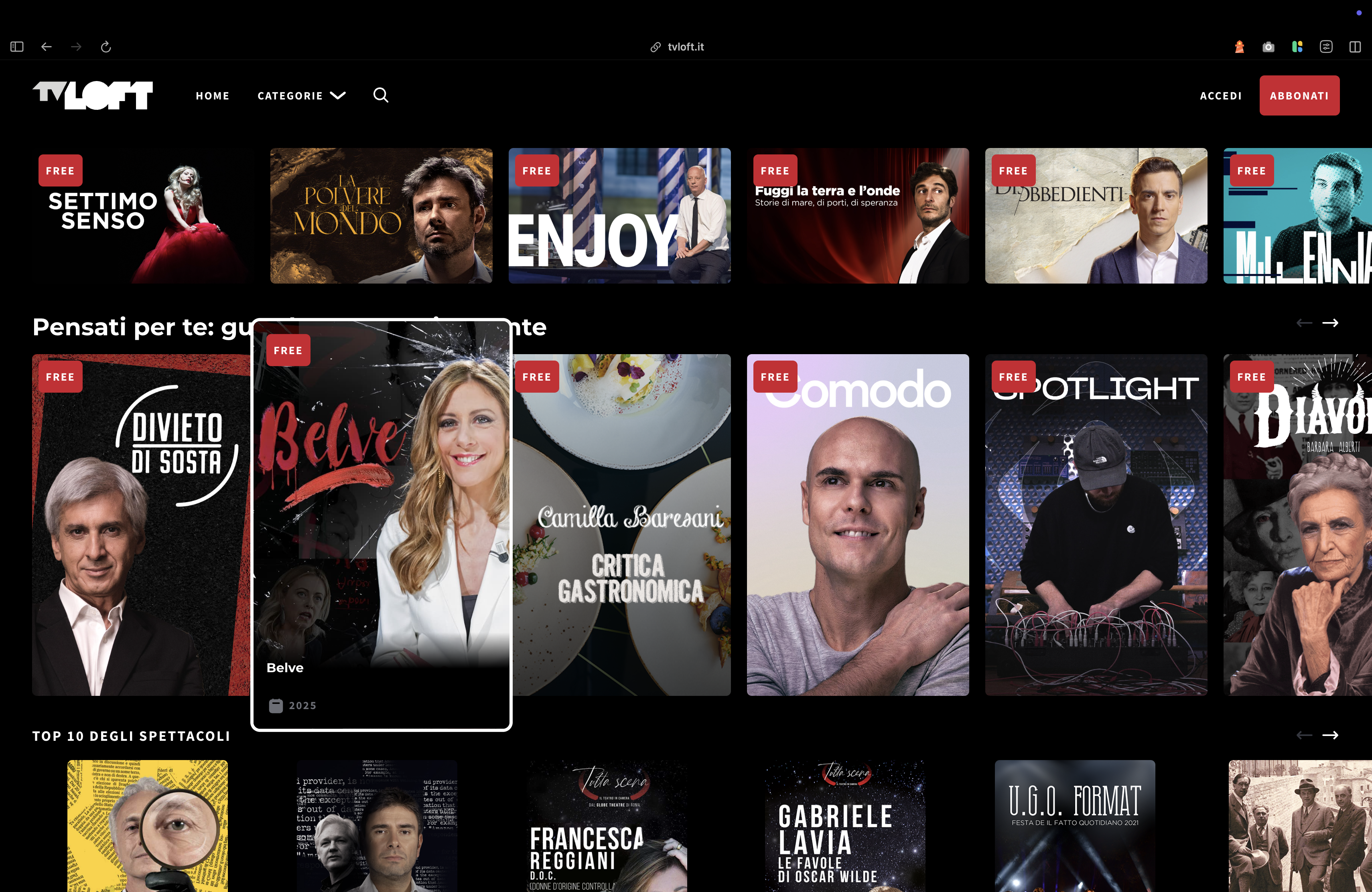 Screenshot della piattaforma TV Loft con alcune copertine di programmi e serie TV visibili