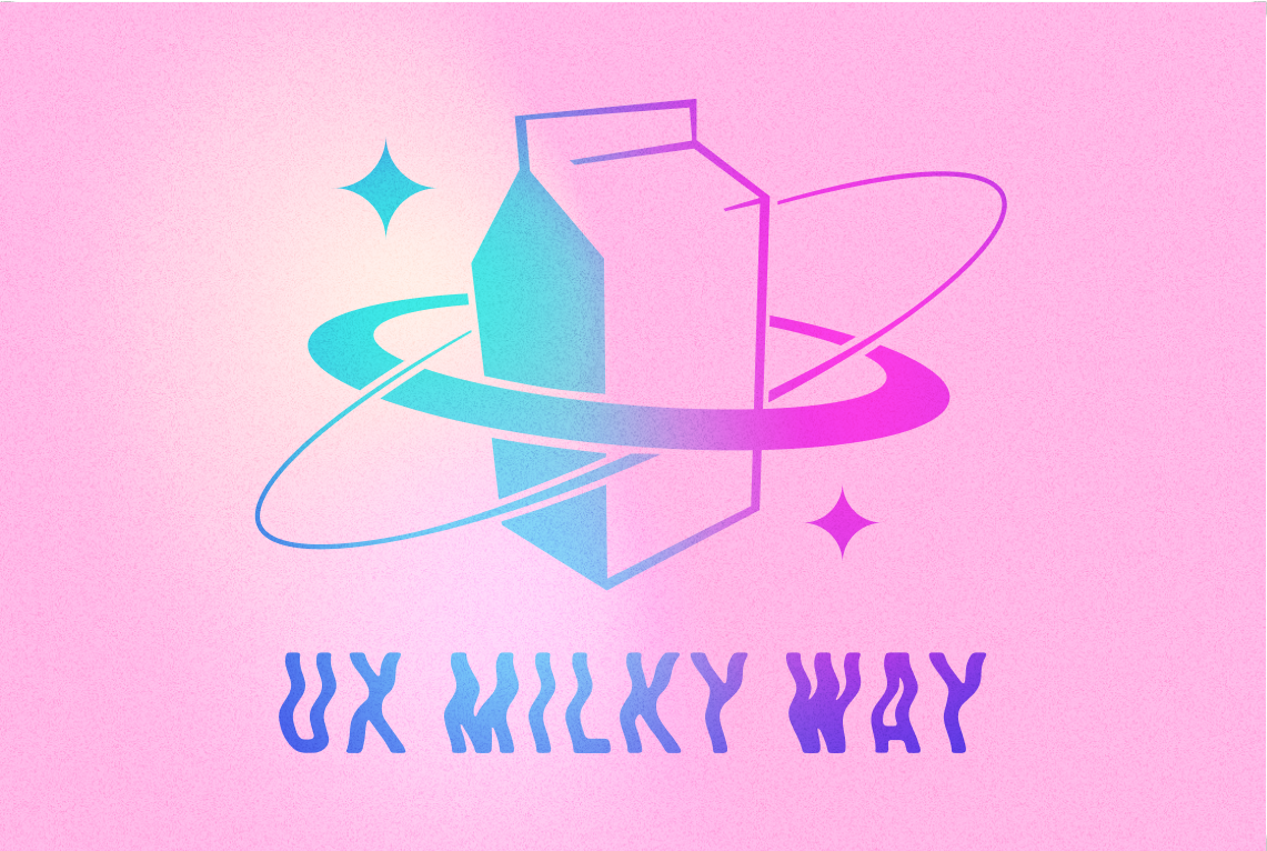Logo di UX Milky Way, cartone del latte stilizzato con anelli in stile pianeta spaziale attorno, di colori rosa sfumato e viola