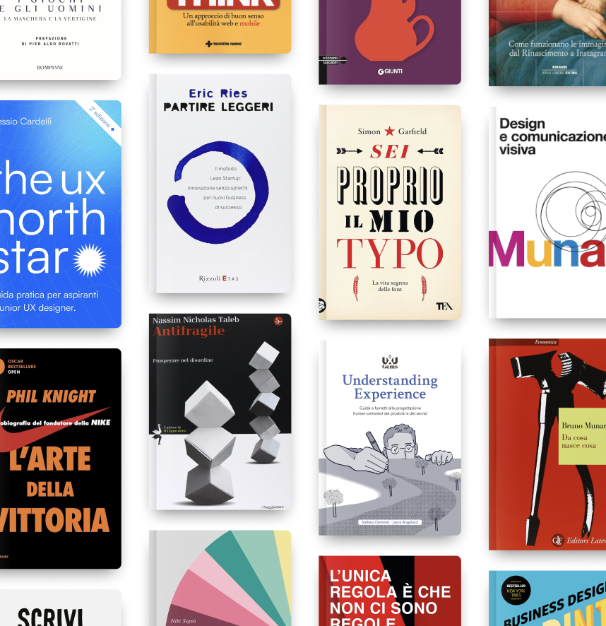 Immagine evocativa di alcune copertine di libri presenti nella biblioteca di design curata da Alessio Cardelli